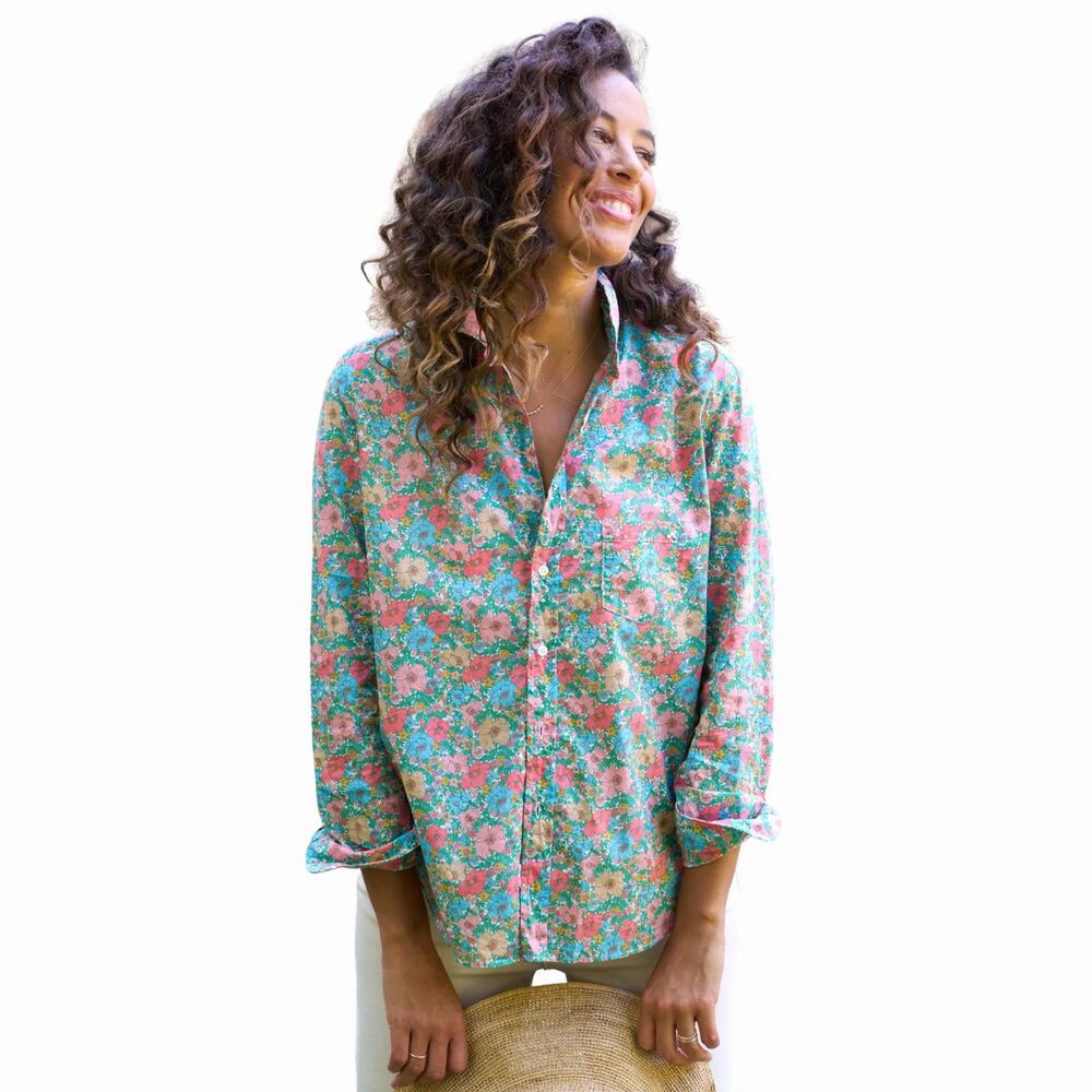Frank & Eileen Womens Shirt Green Floral Relaxed Fit Button Up Long Sleeve Small